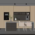 Modern Restaurant Kitchen Interior With Beige Cabinets Grey Island Counter Coffee Machine Vase And Chairs