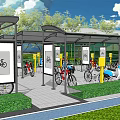 Bicycle And Scooter Parking Shelter With Canopy Structure Green Surroundings And Bicycle Icon Signs