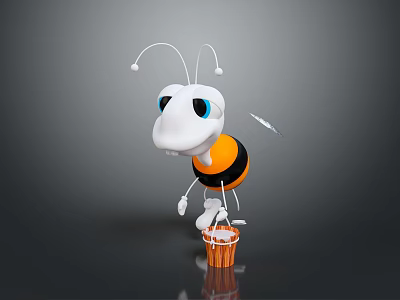 Cartoon Ant Featuring White Head Blue Eyes Orange Black Body Holding Tool And Wooden Bucket 3d model