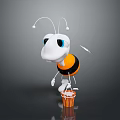 Cartoon Ant Featuring White Head Blue Eyes Orange Black Body Holding Tool And Wooden Bucket