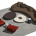 Modern Curved Brown Sofa And Round White Coffee Table Set With Red Accent Chairs 3d model