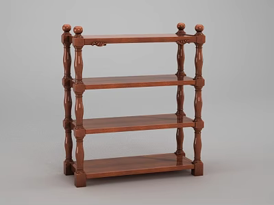 Classic Brown Wooden Shelf Unit With Four Shelves And Decorative Knobbed Posts 3d model