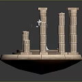 Ancient Architectural Structure with Tall Carved Columns Circular Platform and Illuminated Blue Accents