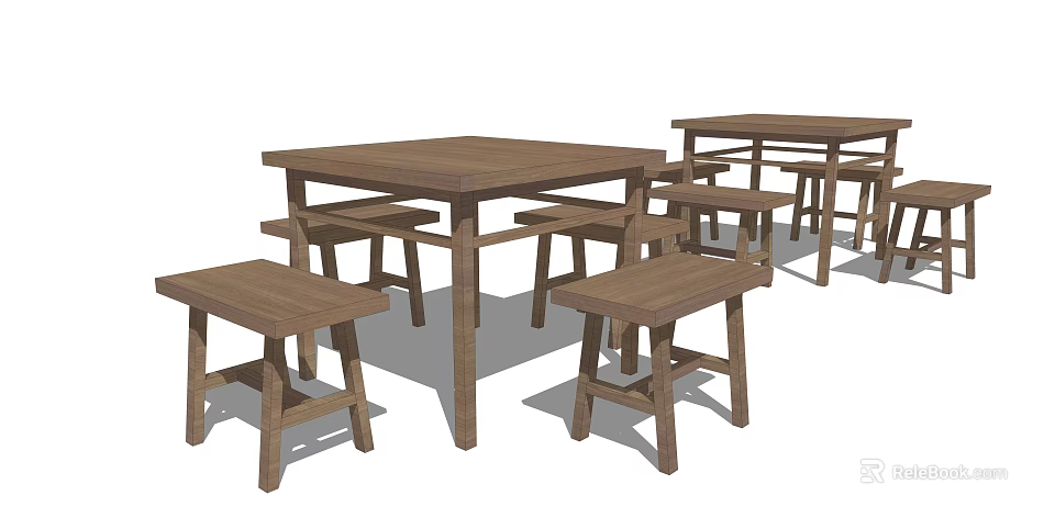 Natural Wooden Dining Table And Bench Set For Home Dining Room 3d model