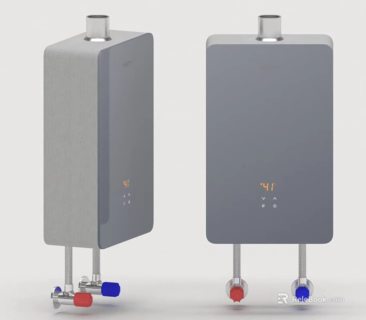 Two Modern Gray Water Heaters With Digital Display And Pipes 3d model