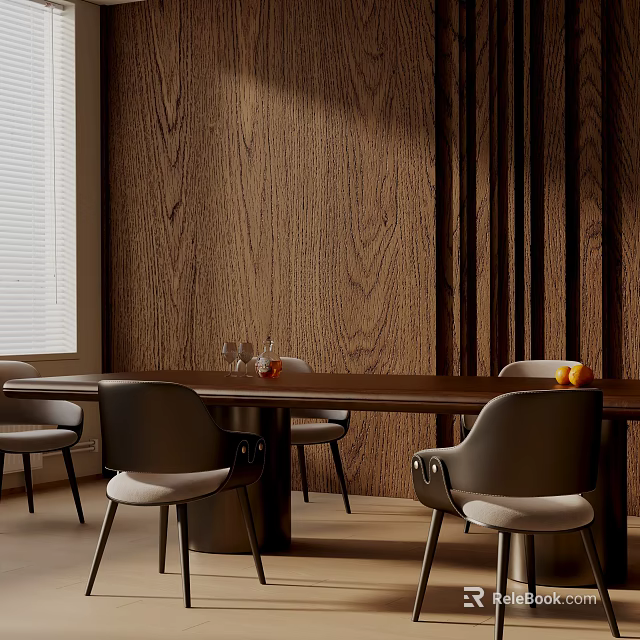 Modern Dining Table Set With Elegant Chairs And Wooden Wall Interior Design 3d model 