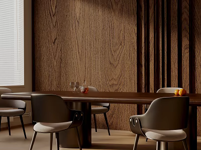 Modern Dining Table Set With Elegant Chairs And Wooden Wall Interior Design 3d model