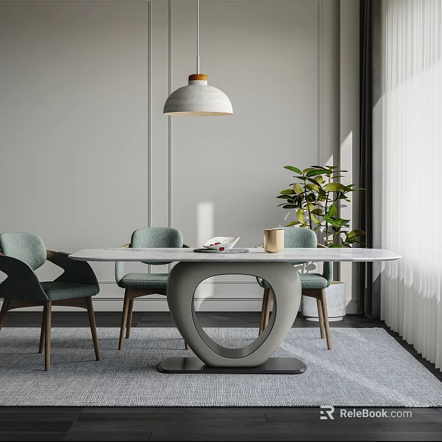 Modern Dining Table Set With Green Chairs Wooden Legs Hanging Lamp And Potted Plant 3d model 