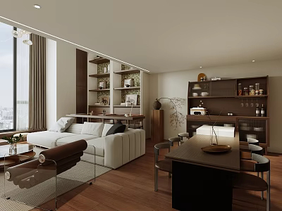 Modern Apartment Interior With Living Room Dining Area Floor to Ceiling Windows City View and Bookshelves 3d model