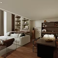 Modern Apartment Interior With Living Room Dining Area Floor to Ceiling Windows City View and Bookshelves