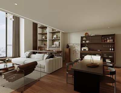 Modern Apartment Interior With Living Room Dining Area Floor to Ceiling Windows City View and Bookshelves 3d model
