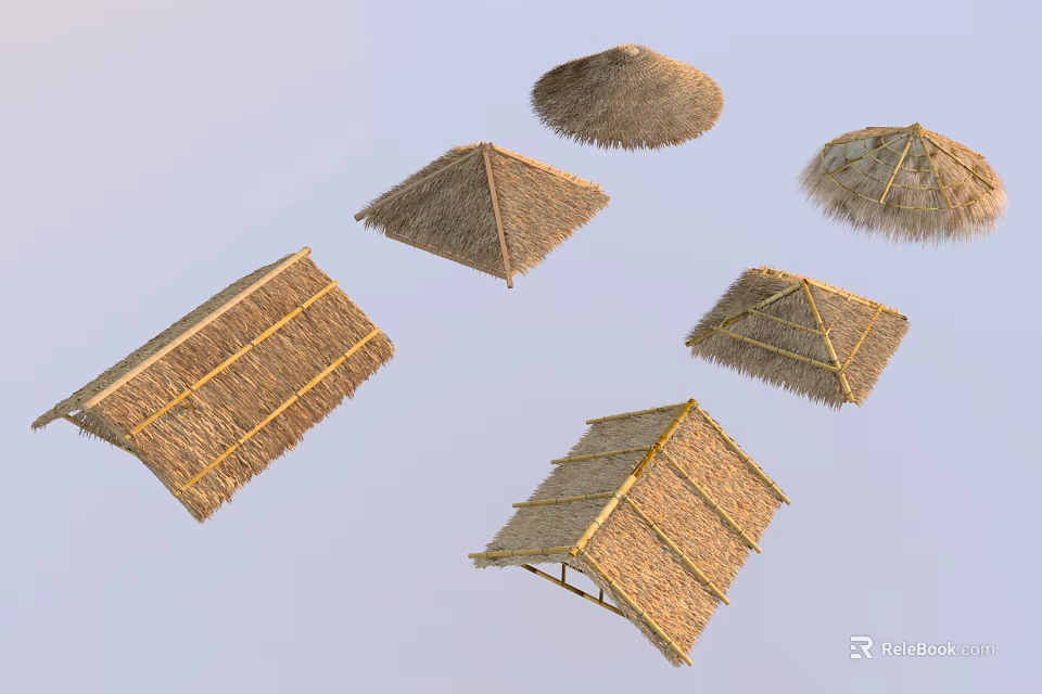 Different Traditional Thatched Roof Structures With Various Architectural Shapes 3d model 