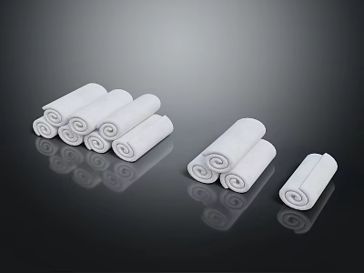 White Towel Rolls Of Various Sizes Neatly Arranged On Black Background With Reflections 3d model