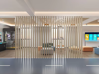Modern Interior Lounge Space With Vertical Wooden Slats Partition Sofa And TV Screen 3d model