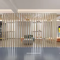Modern Interior Lounge Space With Vertical Wooden Slats Partition Sofa And TV Screen