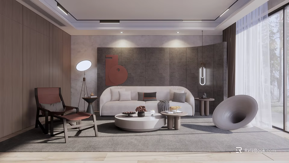 Modern Sofa and Round Coffee Table Set With White Upholstery Art Decor and Floor Lamp 3d model 