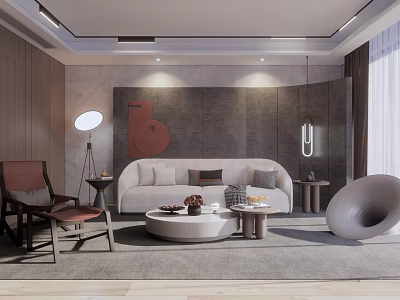 Modern Sofa and Round Coffee Table Set With White Upholstery Art Decor and Floor Lamp 3d model