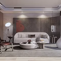 Modern Sofa and Round Coffee Table Set With White Upholstery Art Decor and Floor Lamp