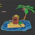 Tropical Island Scene With Palm Tree Red House Small Boat Wavy Water And Flying Airplane