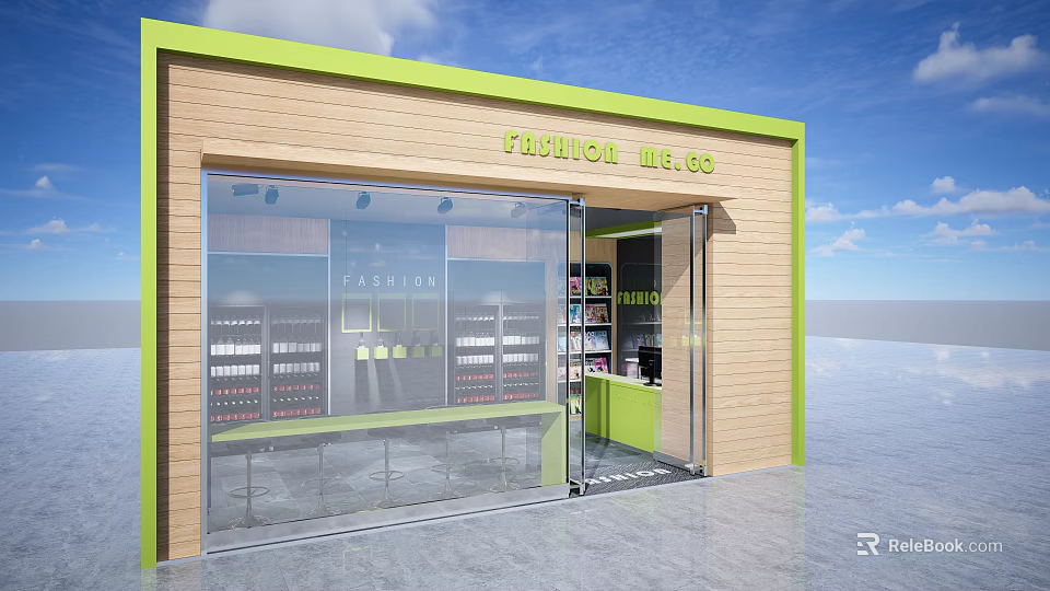 Fashion Supermarket Department Store Exterior With Glass Doors Green Frame And Shelves 3d model 