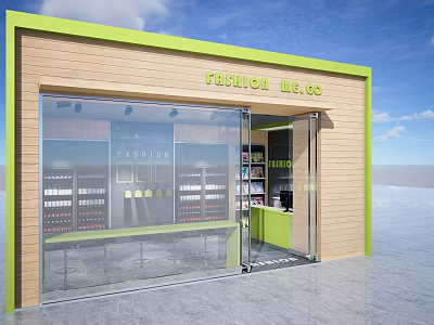 Fashion Supermarket Department Store Exterior With Glass Doors Green Frame And Shelves 3d model