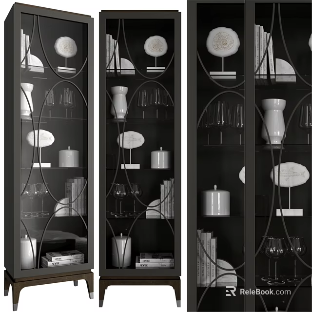 Modern Black Chest of Drawers With Glass Shelves Decorative Vases Books And Wine Glasses 3d model 