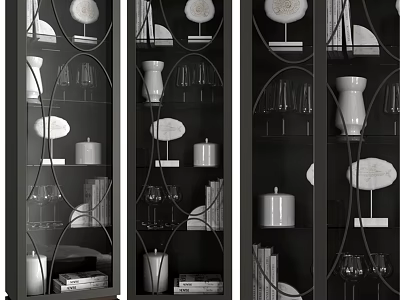 Modern Black Chest of Drawers With Glass Shelves Decorative Vases Books And Wine Glasses 3d model