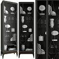 Modern Black Chest of Drawers With Glass Shelves Decorative Vases Books And Wine Glasses