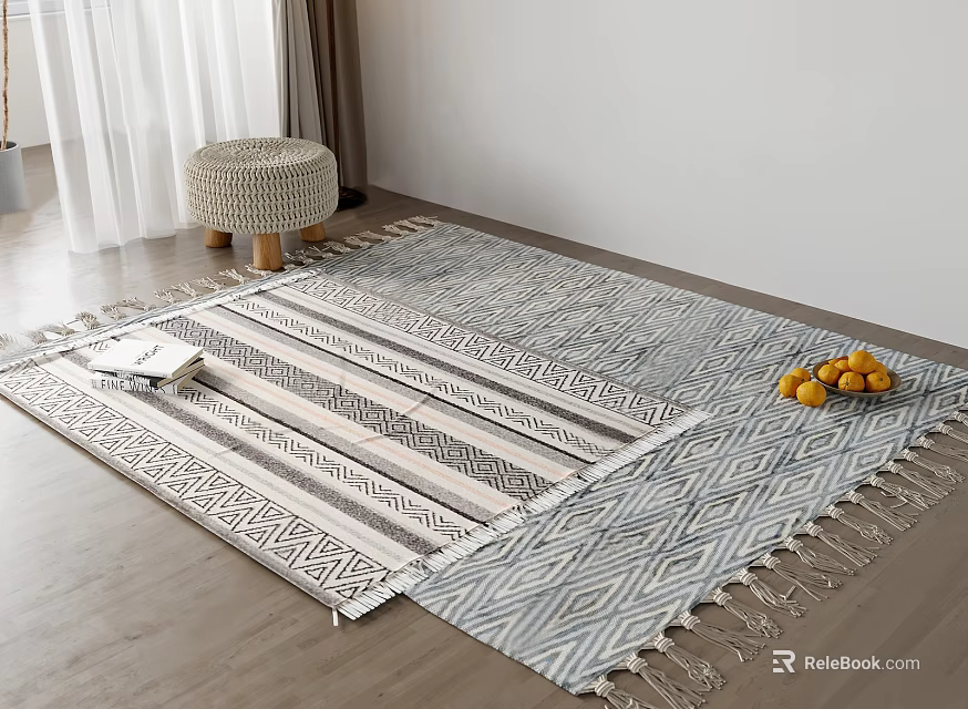 Square Rug With Striped Geometric Pattern Fringe Wicker Stool And Oranges 3d model 