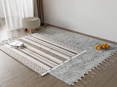 Square Rug With Striped Geometric Pattern Fringe Wicker Stool And Oranges 3d model
