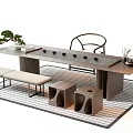 Chinese Style Wooden Tea Table and Chairs with Tea Set Green Plants and Stools