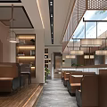 Modern Restaurant Interior With Wooden Decor Green Plants And Hanging Lights