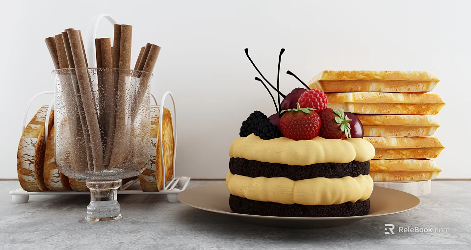 Delicious Layered Cake With Berries And Waffles Near Chocolate Sticks 3d model 