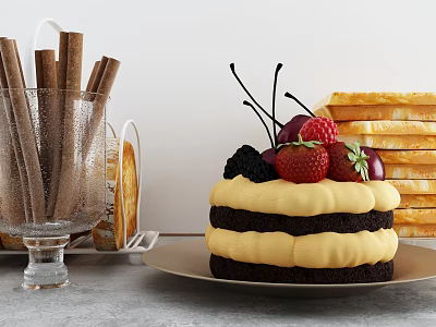 Delicious Layered Cake With Berries And Waffles Near Chocolate Sticks 3d model