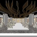 Luxurious Wedding Banquet Hall With Curved Chandeliers White Carpet And Floral Arrangements