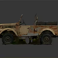 Vintage Rusty Old Jeep With Open Top And Worn Tires On Grass