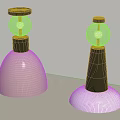 Two Modern Decorative Lamps With Gold Hammered And White Cone Bases And Black Tops