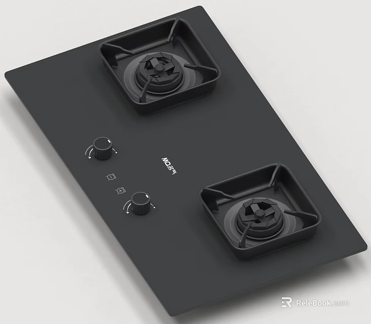 Modern Black Two Burner Gas Stove Kitchen Appliance With Control Knobs 3d model 
