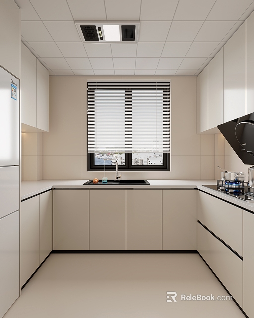 Modern Kitchen Interior With White Cabinets Light Countertop Stainless Steel Sink And Window Blinds 3d model 