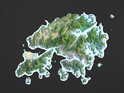 Wall Decor Featuring 3D Island Topography Design Green Mountains And Blue Waters 3d model