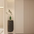 Modern Foyer Hallway Design With Light Colored Walls Stone Pillar Green Vase And Small Plant