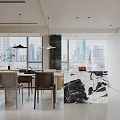 Modern Living and Dining Room Interior With Black Sofa Floor Lamp Artworks And Coffee Table