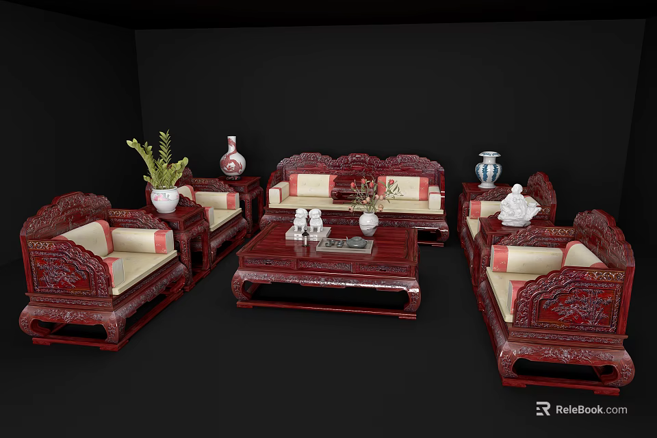 Traditional Chinese Style Redwood Carved Sofa And Coffee Table Set With Decorative Vases And Plants 3d model 