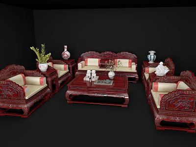 Traditional Chinese Style Redwood Carved Sofa And Coffee Table Set With Decorative Vases And Plants 3d model