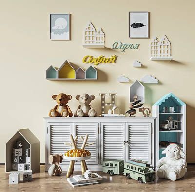 White Storage Cabinet In Kids Room With Shutter Doors Stuffed Bears And Mini House Decor 3d model