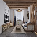 Rustic Living Space With Wooden Beams Sofa And Bed