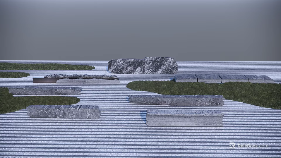 Natural Rockery Stones with Striped Ground Green Grass Patches and Stone Slabs 3d model 