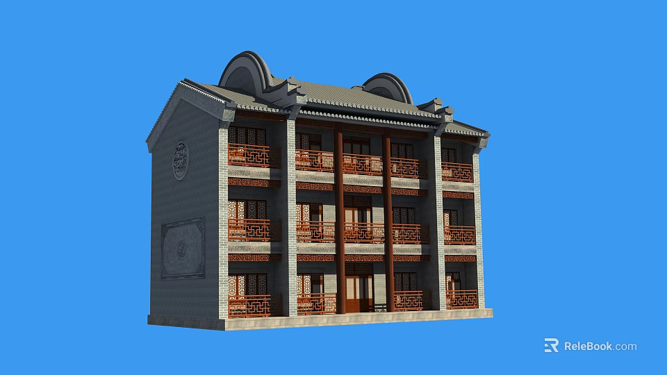 Traditional Ancient Architecture Exterior With Multi Story Structure And Wooden Carved Details 3d model 