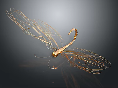 Golden Dragonfly Wire Art Sculpture with Intricate Wings and Curved Body 3d model