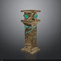 Stone Pillar with Cracks and Turquoise Glowing Lines Geometric Decorative Top and Green Gemstones